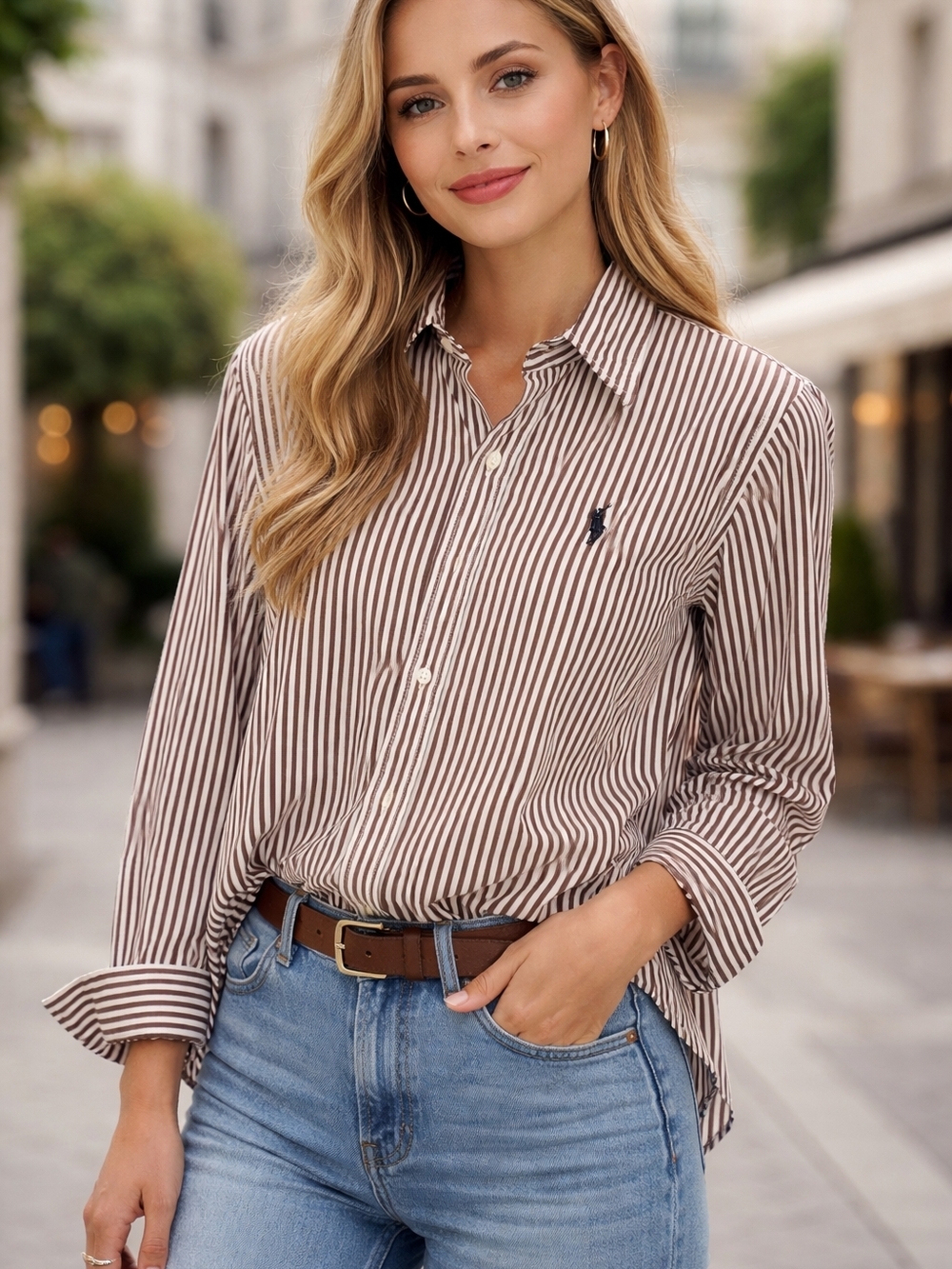 Ralph Lauren Brown and White Striped Button-Down Shirt